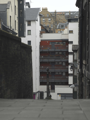 View down vennel stair to new buildings in Cowgate