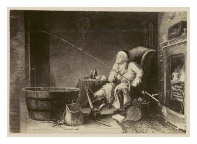 Man fishing from a barrel bucket in his home