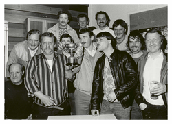 Darts team with trophy, Wester Hailes
