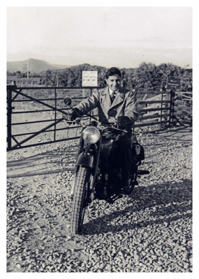 Bachan Kharbanda on motorbike, mid 1950s