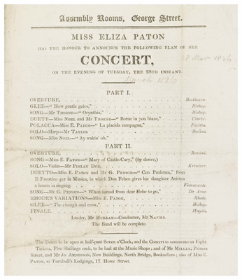 Programme for concert by Miss Eliza Paton