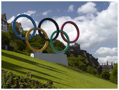The Olympic Rings looking towards Edinburgh Castle