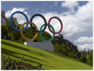 The Olympic Rings looking towards Edinburgh Castle