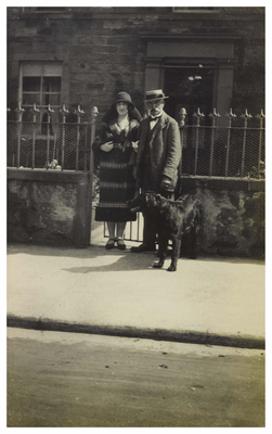 Jessie, Sanderson and dog Wallace outside No. 35