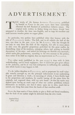 Advertisement in Book 1 of Palladio's Il Quattro Libri