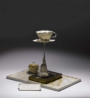 The fifth paper book sculpture: Tea, cake and a book