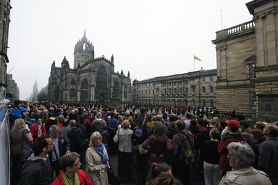 Crowd looking down the Royal Mile