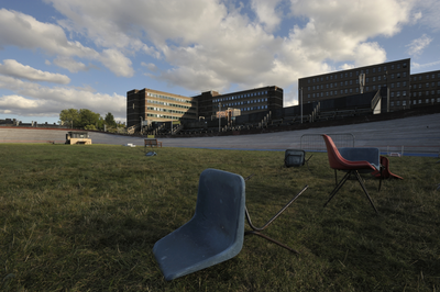Wind-blown chairs, trackside, Meadowbank Velodrome
