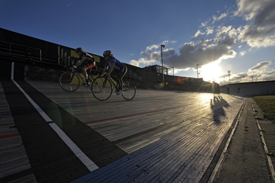 Track cyclists warming up, Meadowbank Velodrome