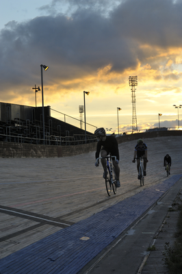 Track cyclists racing, Meadowbank Velodrome