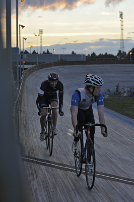 Track cyclists racing, Meadowbank Velodrome
