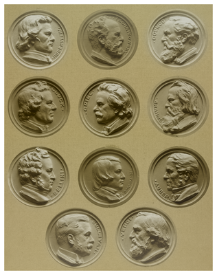 Montage of plagues of composers' heads, Usher Hall