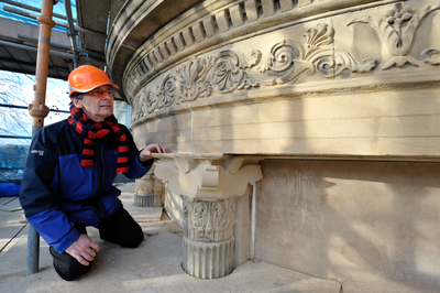 George Morrison, architect, inspecting stonework