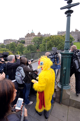 Sun reporter dressed as a chicken and media awaiting