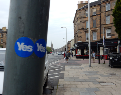 Yes campaign stickers on a street sign, Leith Walk