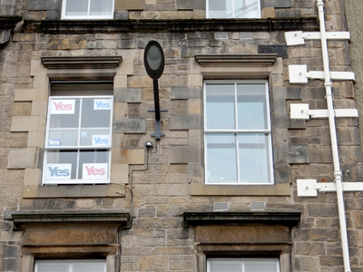 Yes posters on tenement window, Grassmarket, Edinburgh