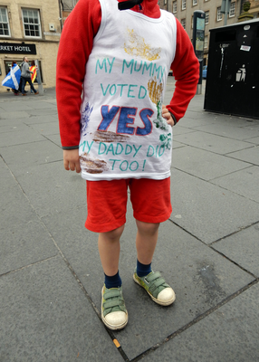 Home made t-shirt on a child of a Yes supporter