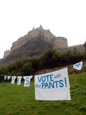 T-shirts and bed sheets with Yes campaign messages