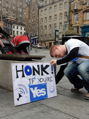 Yes campaign activist, Grassmarket, Edinburgh 
