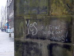 Yes campaign chalk graffiti on St Giles Cathedral