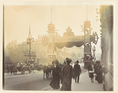 View of a welcome arch on Lothian Road, Castle Terrace