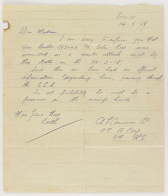 Letter to Miss Jane Rice, 14 May 1918