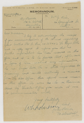 Memo to Mrs J. Rice, 21 June 1919