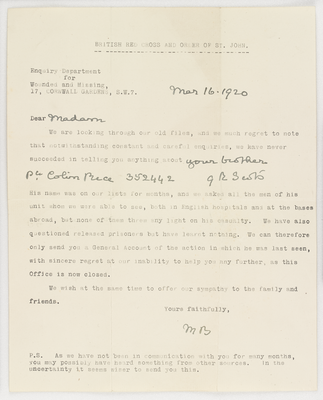 Letter to Miss Rice from British Red Cross