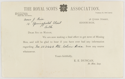 Letter to Miss J. Rice from The Royal Scots Association