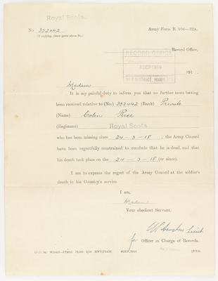 Letter to Miss J Rice, from the War Office