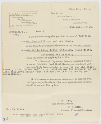 Letter to Mr P. Rice from War Office, 5 May 1920