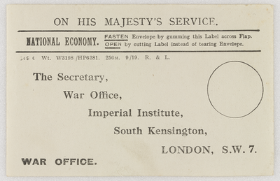 War Office address label
