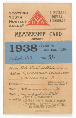 Scottish Youth Hostels Association Membership card