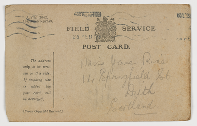 Postcard to Miss Jane Rice from WW1 frontline