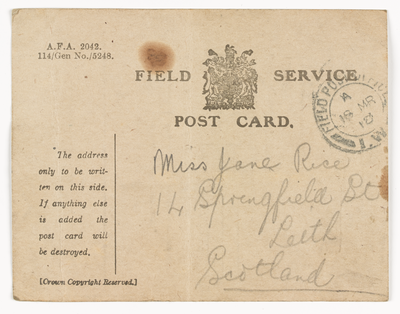 Postcard to Miss Jane Rice from WW1 frontline