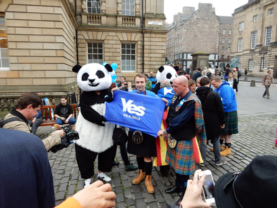 Yes panda with Yes supporters on the High Street