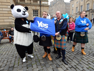 Yes panda with Yes supporters on the High Street