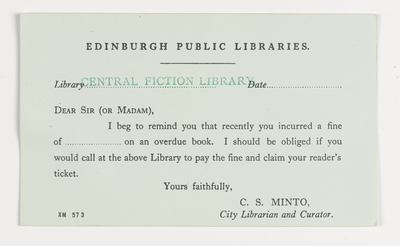 Fine reminder postcard from Edinburgh Libraries