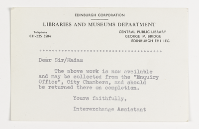 Reservation collection card, Edinburgh Libraries