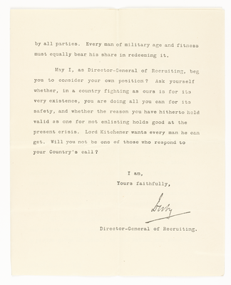 Letter regarding recruitment for service in World War 1