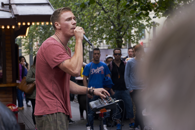 Street performer being a human 'Beatbox'