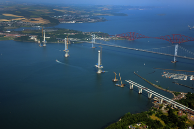 Aerial view of the three bridges across the Forth