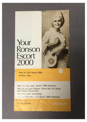 Product Manual, Ronson Escort 2000 Hairdryer, c. 1970