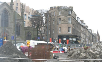 Tram construction work, Picardy Place looking west