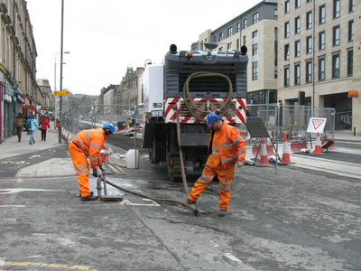 Workmen at Shrubhill on Leith Walk, looking south