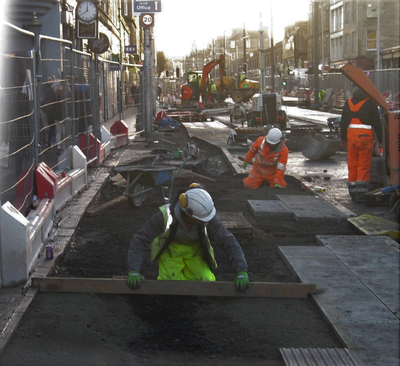 Laying pavement, foot of Leith Walk