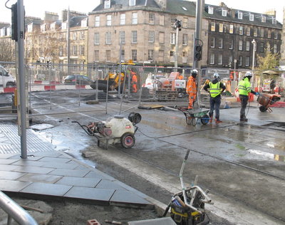 Construction work at crossroads at foot of Leith Walk 