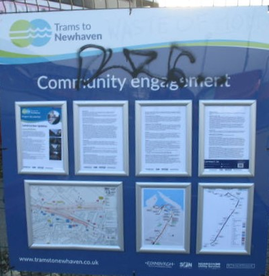 Graffiti on Trams to Newhaven information board